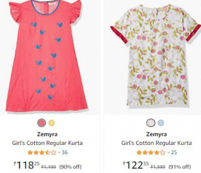 Zemyra Girl's Cotton Kurta Up to 91% off