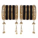 ZENEME Gold-Plated Matte Finish Velvet American Diamond Studded Gold Pearl Tasselled Bangles Set Of 56 For Girls and Women...