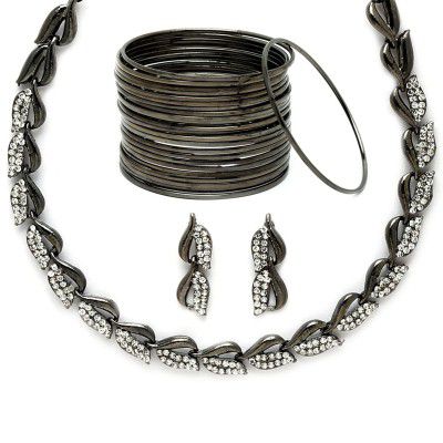 ZENEME Silver Plated Oxidised American Diamond Studded Necklace With Earring and Bangle Jewellery Set For Women and Girl (Black, 2.6)