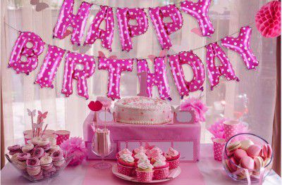 Zeniso® Happy Birthday Foil Balloon Pink dots Pack of 13 Letters + Free 10 Pcs Pink Balloon