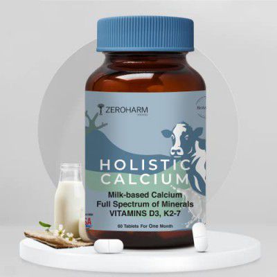 ZEROHARM Holistic Calcium Tablets for Women and Men - Milk Based Calcium Supplement with Vitamin D3, K2-7, Magnesium & Phosphorous - Best Joint Support & Bone Strength Supplement - 60 Vegetarian Table