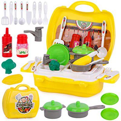 zest 4 toyz Plastic Kitchen Set for Kids Girls Cooking Toy with Briefcase and Accessories Pretend Play Toys Portable Role Play (26 PCS - Yellow)