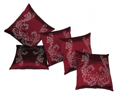 Zikrak Exim Tempting Embroidery Cushion Cover 16 X 16, Pack of 5 (Horn Maroon)