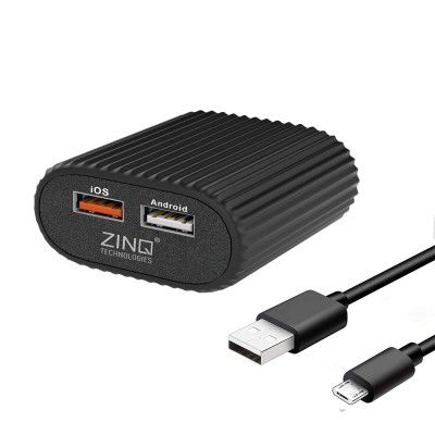 Zinq Technologies 2A Dual Port Mobile Charger for Android and iOS Devices, BIS Certified, Cable Included (Black)