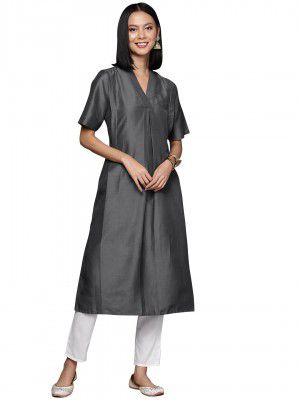 ZIYAA Women's Grey Chinon Straight Kurta And Pant Set(ZIKUCH3905ANDPA)