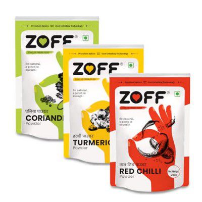 Zoff Red Chilli Powder, Turmeric Powder | Coriander Powder | Pack of 3 | No Colors, Fresh | Pure Masala for Cooking | Each 200g | Premium Zip Lock Pouch | Net weight - 600g