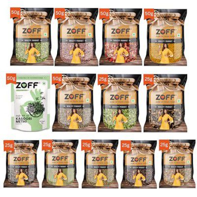 Zoff Whole Spices Pack of 13 | 25 gm Green Cardamom, Ajwain, Black pepper, Cloves, Big Cardamom, Bay Leaves, Kasoori Methi | 50 g Methi dana, Saunf , Jeera whole, Red Mustard, Red Chilli Whole, Cassia