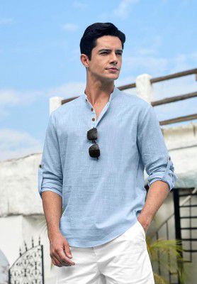 Zombom Cotton Polyester Blend Solid Casual Regular Fit Mandarin/Chinese Collor Short Kurta for Men