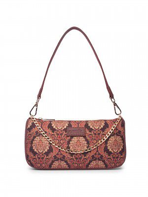 ZOUK Jodhpur Damask Motif Printed Women's Jute Handcrafted Vegan Leather Brown Mini Shoulder Bag
