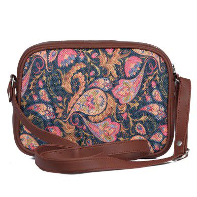 ZOUK Sling Bag for women - Handmade Bags for Females - Vegan Leather and Indian Fabric Slings - Side Bags for Mobile Phones and Wallets