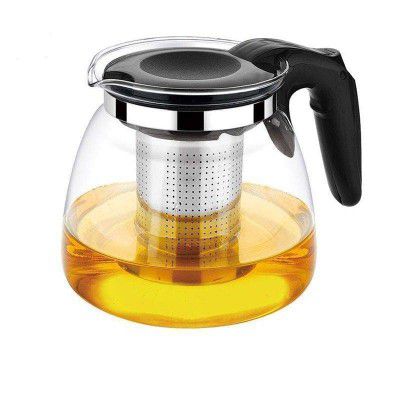 ZROY ENTERPRISE Borosilicate Round Glass Tea Pot With Heat Resistant Stainless Steel Infuser Perfect For Tea And Coffee Maker, Clear Glass Kettle (Round 1000Ml With Plastic Hadle), 1000 Milliliter