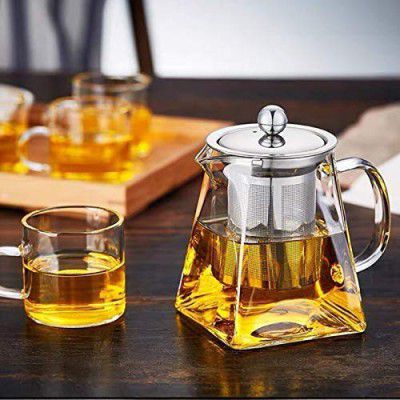 ZROY Enterprise Borosilicate Square Glass Tea Pot with Heat Resistant Stainless Steel Infuser Perfect for Tea and Coffee Maker, Clear Glass Kettle