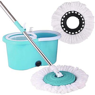 Zureni Bucket Quick Spin Mop with 2 Microfiber Wet Dry Mophead Floor Cleaning pocha Extendable Handle Removable Wringer 360° Floor Cleaner Mopping Set (Random Colour)
