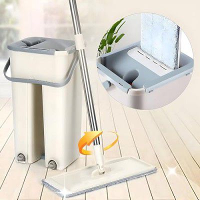 Zureni Flat Mop with Dual Chamber Bucket Hands Free Floor Mopping Set Wet Dry Mophead Extendable Handle for Home Floor Cleaning Hardwood & Laminate