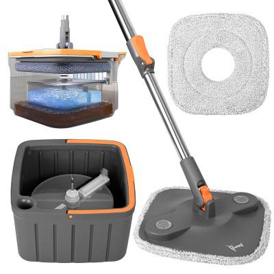 Zureni Wet and Dry Bucket Mop Set 360° Rotating Square Mop-Head with Extendable Handle 